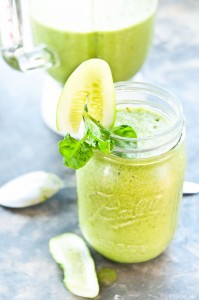 Green juice blended with ice and coconut milk